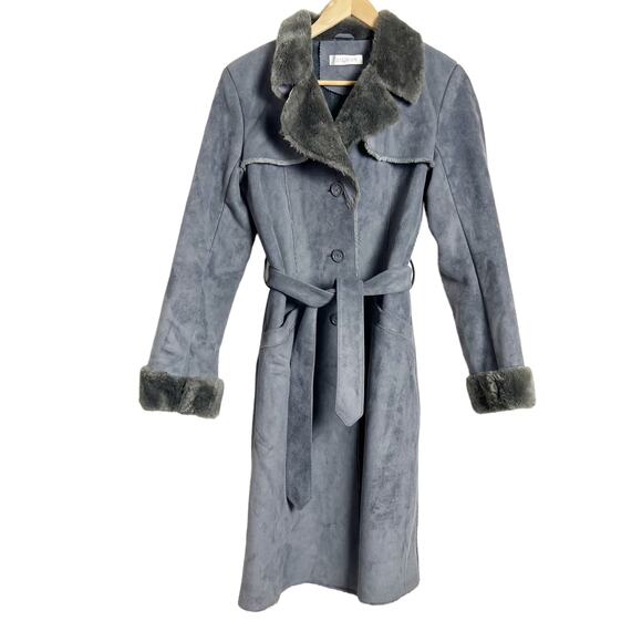 Balmain Authentic Gray Faux Fur Lined Faux Suede Belted Winter Coat Size Small
